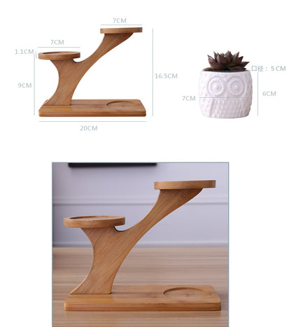 Ceramic Owl Planter Set with Bamboo Frame Stand