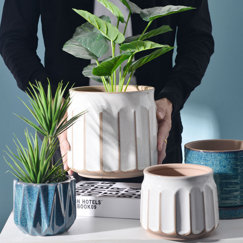 Nordic Striped Ceramic Flower Pot for Desktop Green Plants