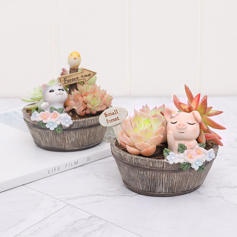 Resin Wooden Basin Style Succulent Flower Pot Ornament