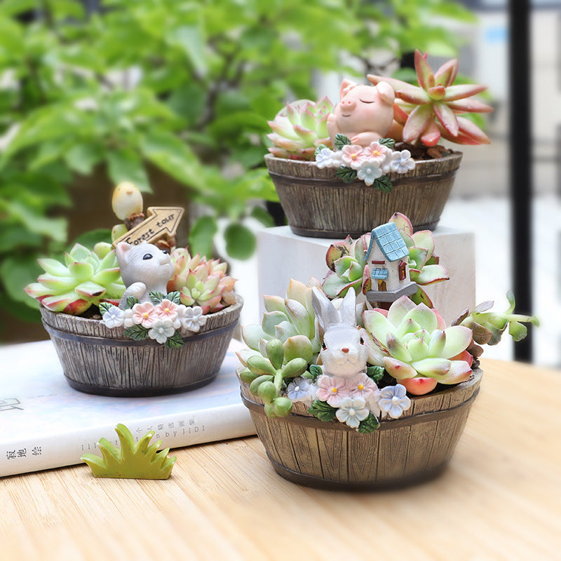 Resin Wooden Basin Style Succulent Flower Pot Ornament