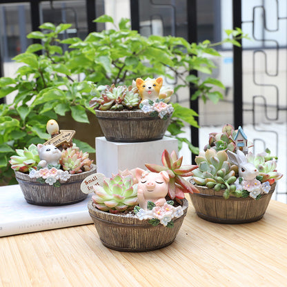 Resin Wooden Basin Style Succulent Flower Pot Ornament